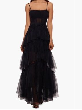 Betsy & Adam Black Tiered Tulle Spaghetti-Strap Wedding Gown
